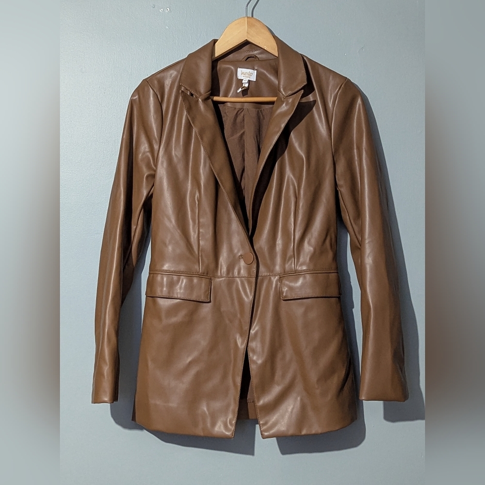 Laundry By Shelli Segal Caramel Brown Faux Leather Blazer Dark Academia
